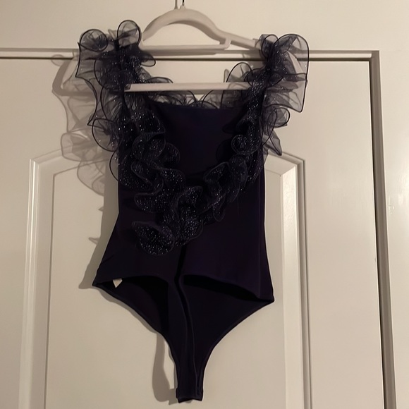 Free People Glitter Ruffle Navy Blue Top - Picture 5 of 5